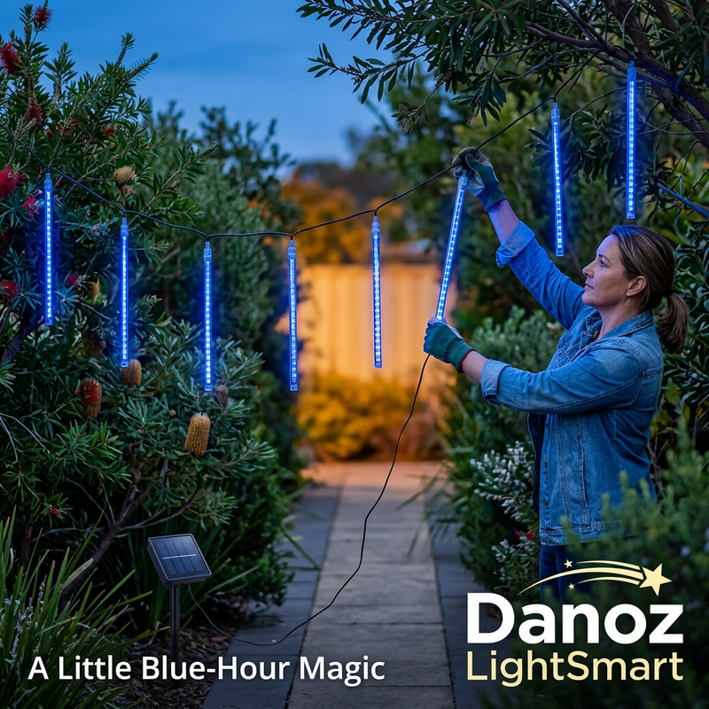 Woman arranging blue solar meteor lights beside a garden path