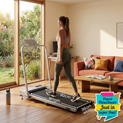 Living room belt scene with adjusted adult and compact treadmill proportions
