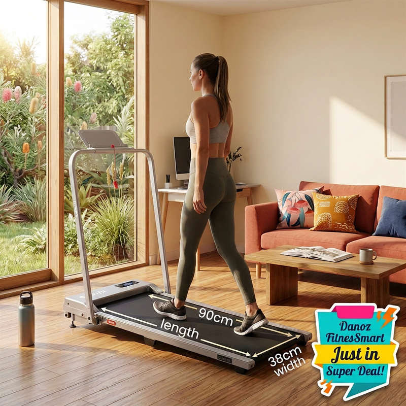 Living room belt scene with adjusted adult and compact treadmill proportions