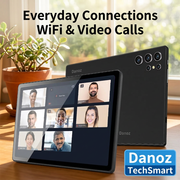 Qetupa tablet video-call illustration in sunny home workspace
