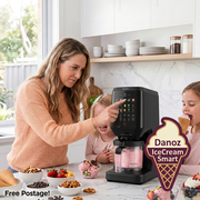 Mother selecting an IceCream Smart programme while children enjoy desserts in a bright kitchen, Free Postage