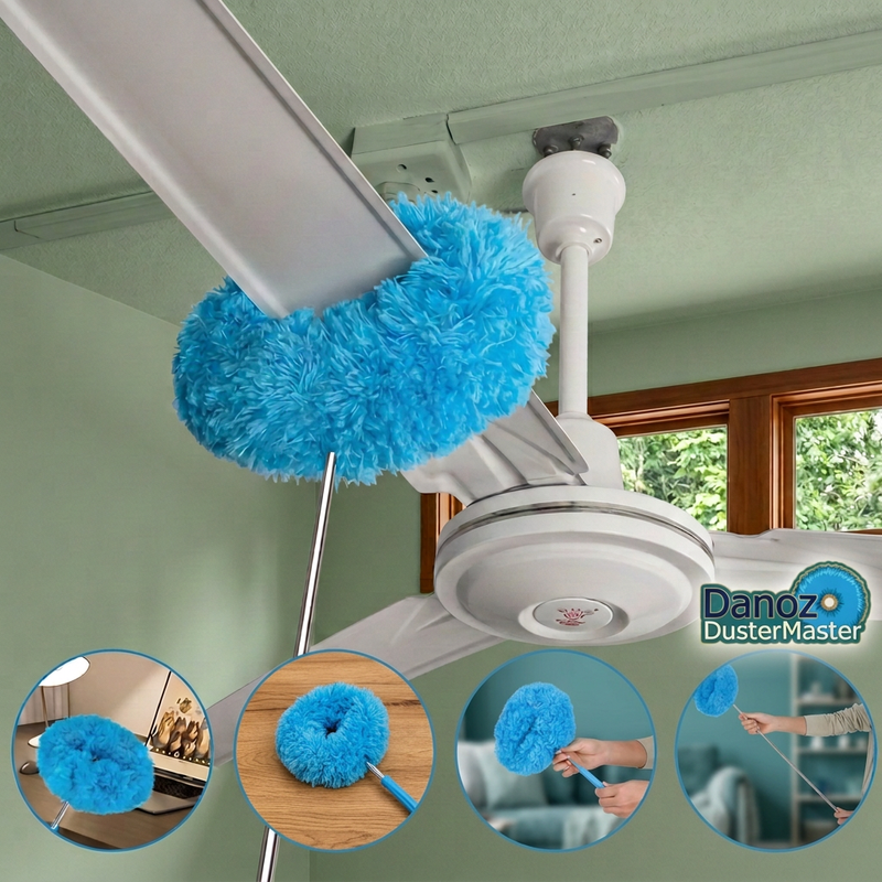 DusterMaster fan cleaning with four real-life detail insets