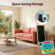 Green pad vertical storage beside living room sofa