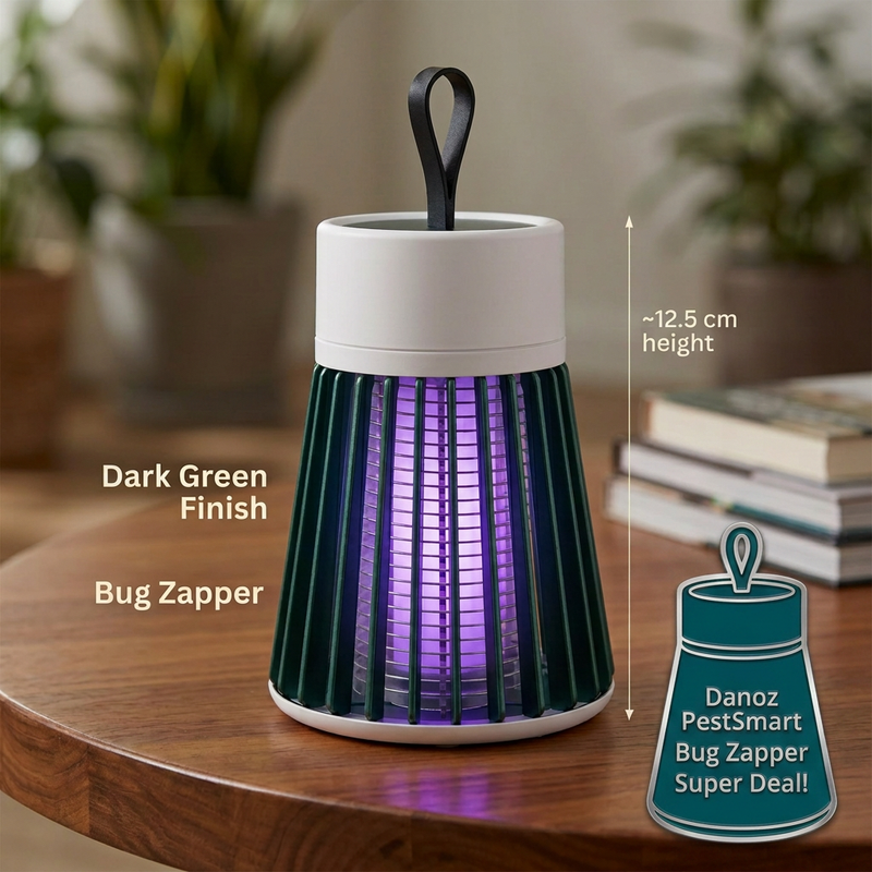 Dark green bug zapper with teal lamp-shaped badge