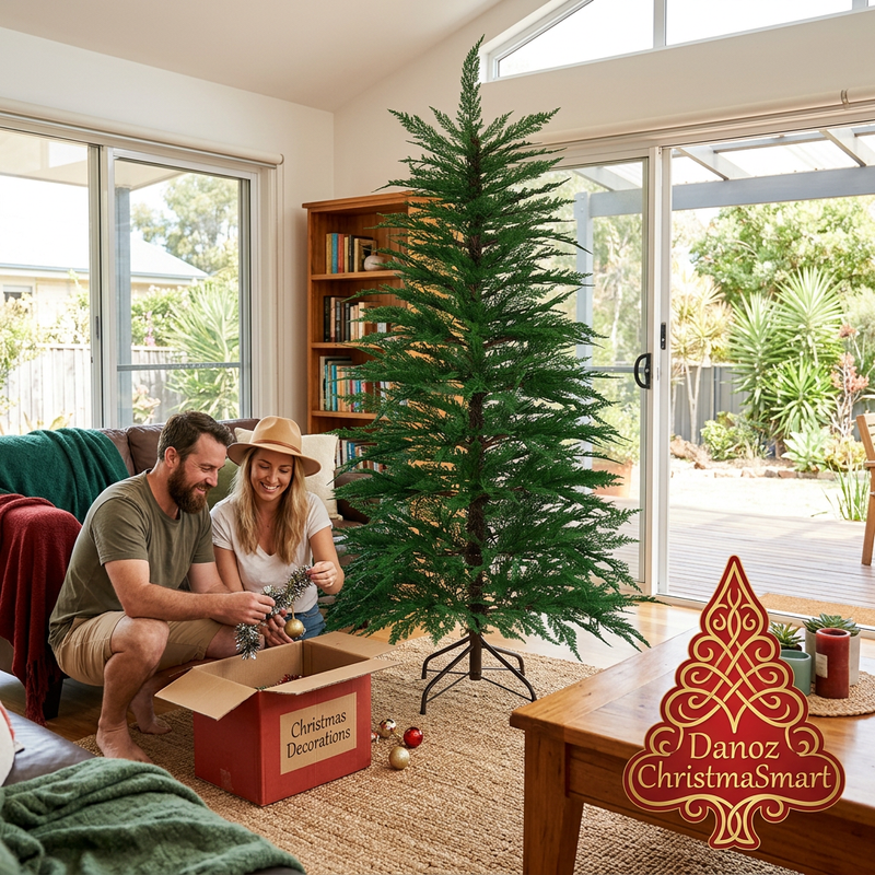 Unlit sparse Christmas tree with a couple preparing decorations