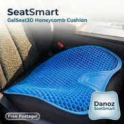Blue Danoz SeatSmart honeycomb cushion with bottom branding and Free Postage artwork