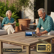 Compact Danoz TechSmart player on patio with couple