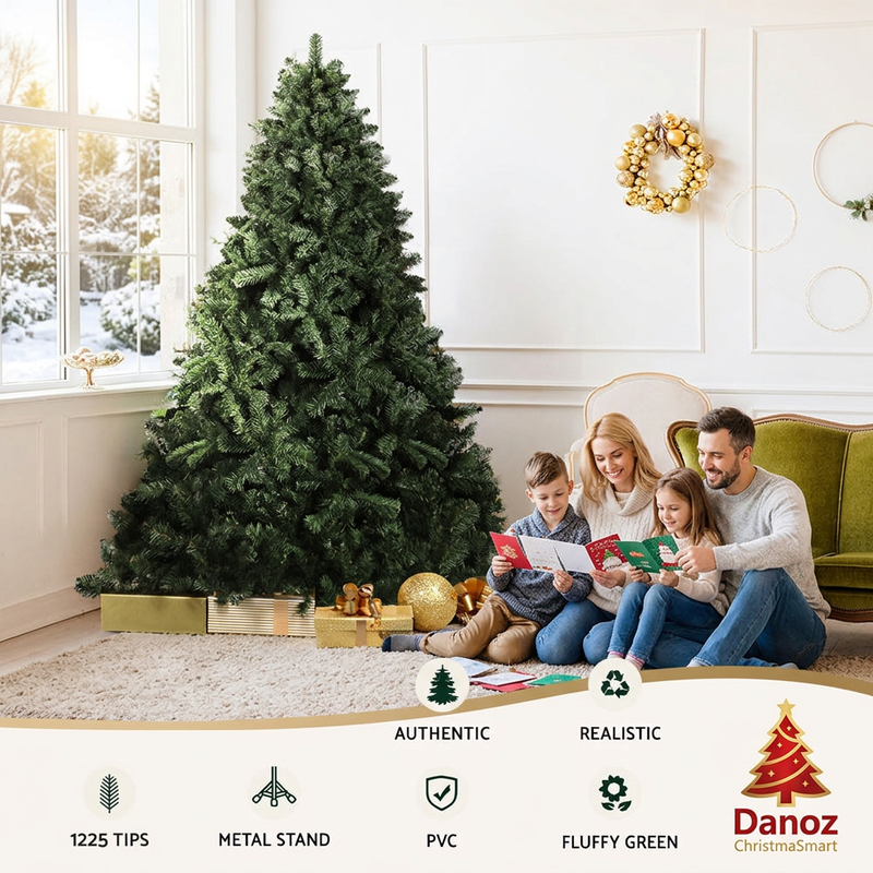 Family reading Christmas cards beside unlit tree with 1225 tips feature panel
