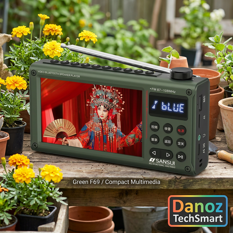 Green compact Sansui F69 on garden workshop table