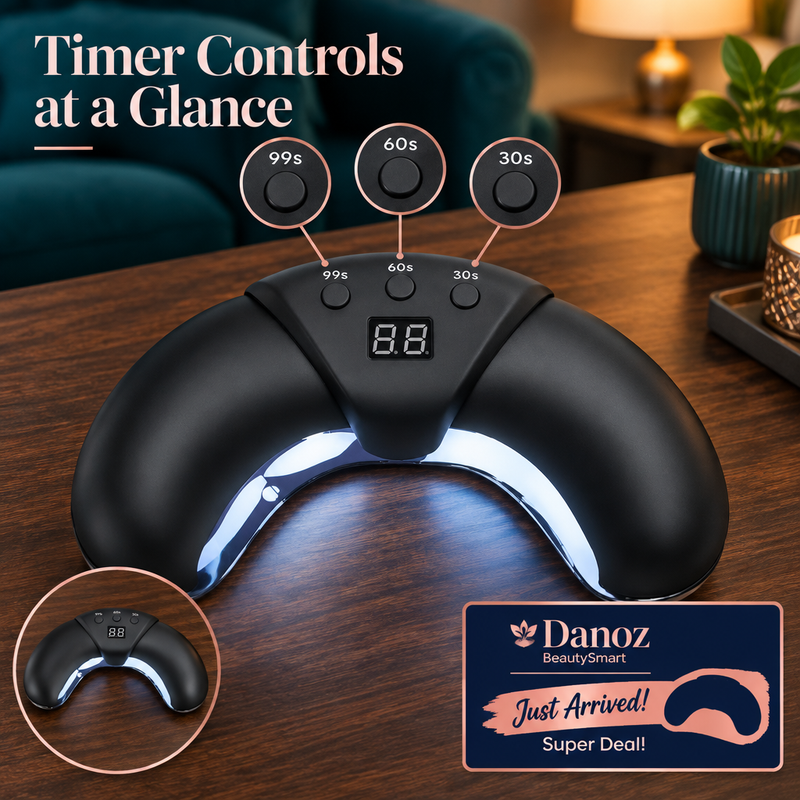 Black nail lamp timer close-up on walnut surface