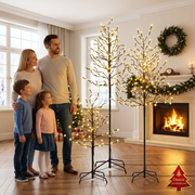 Family admiring the three warm-white LED twig trees