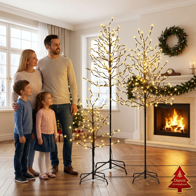 Family admiring the three warm-white LED twig trees