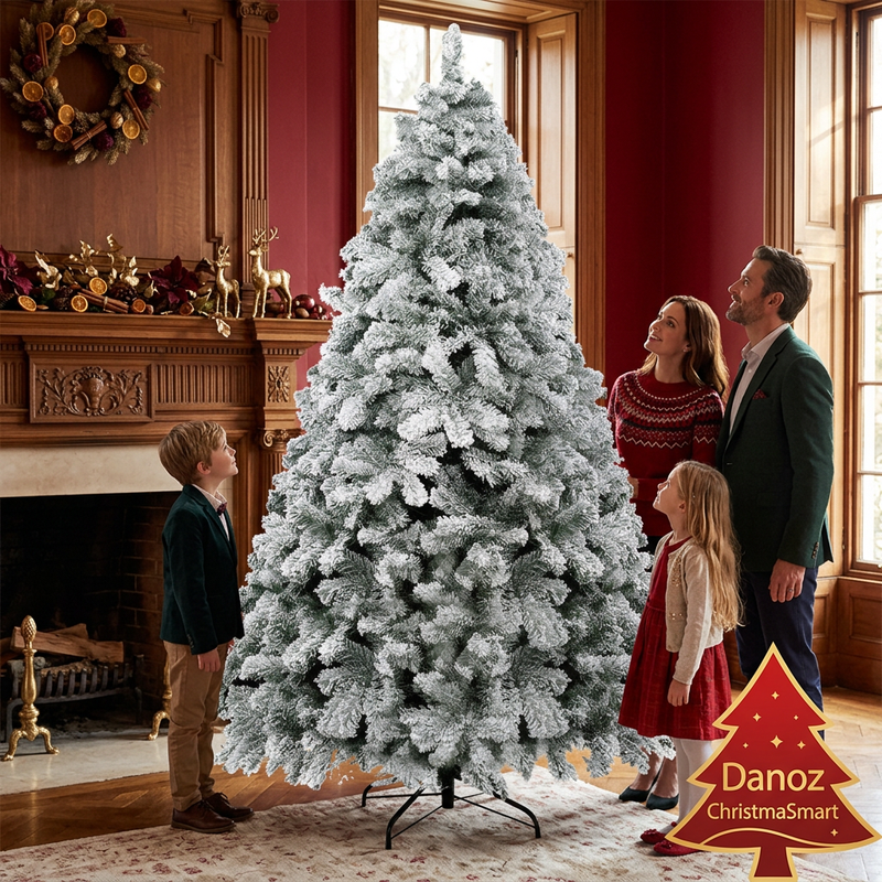 Parents and children admiring snow-flocked fir Christmas tree