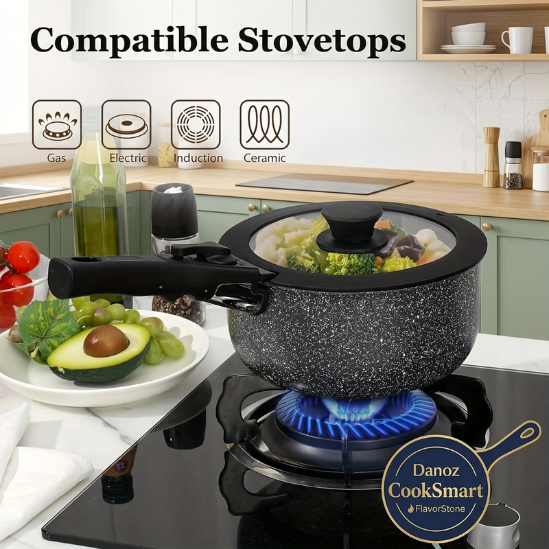FlavorStone saucepan and gas electric induction and ceramic stovetop icons