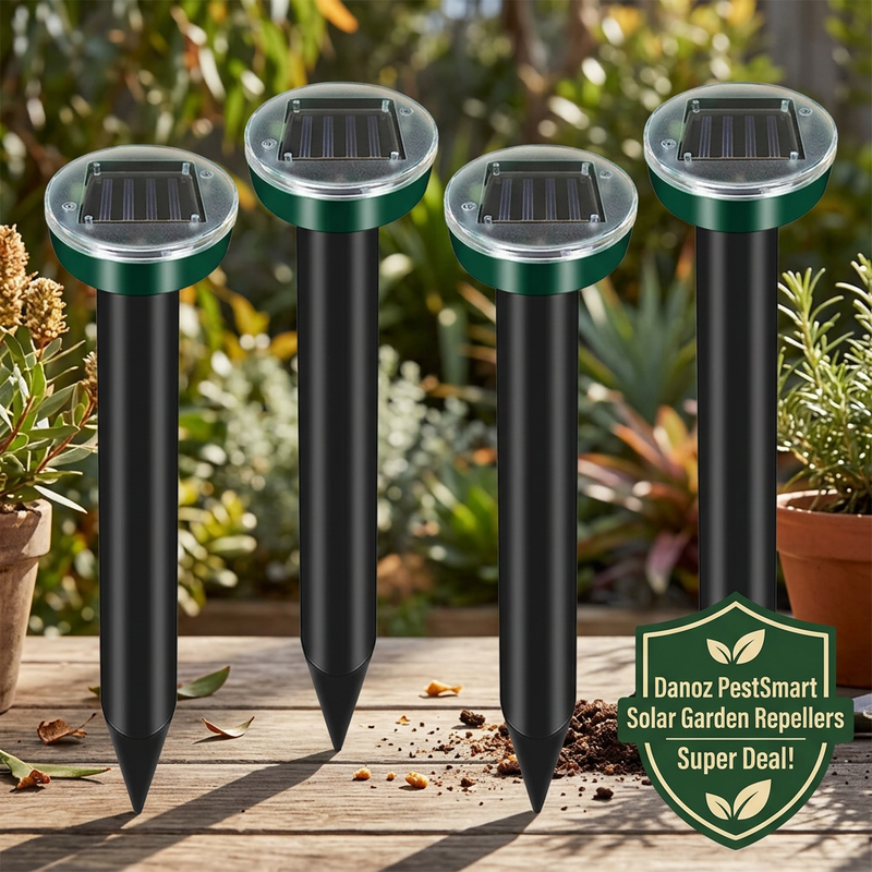 Danoz PestSmart four solar repeller stakes on a garden bench