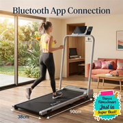 Bluetooth walking scene with compact silver treadmill