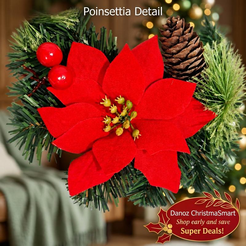 Red poinsettia, berry and pinecone detail