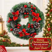 32cm wreath with red poinsettias berries and white tipped pinecones