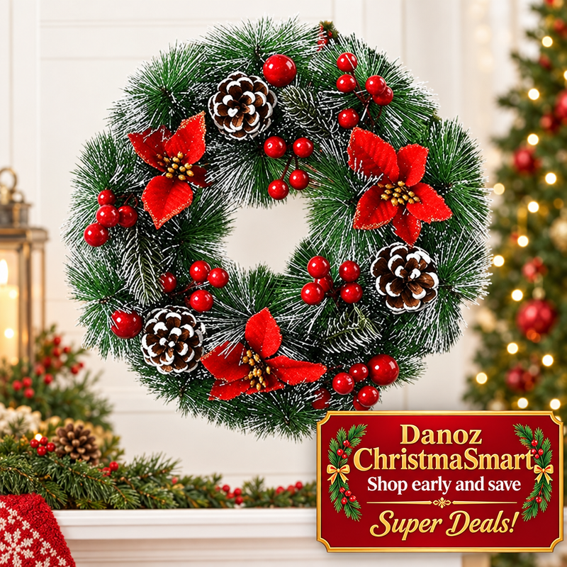 32cm wreath with red poinsettias berries and white tipped pinecones