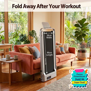 Folded treadmill beside coral sofa