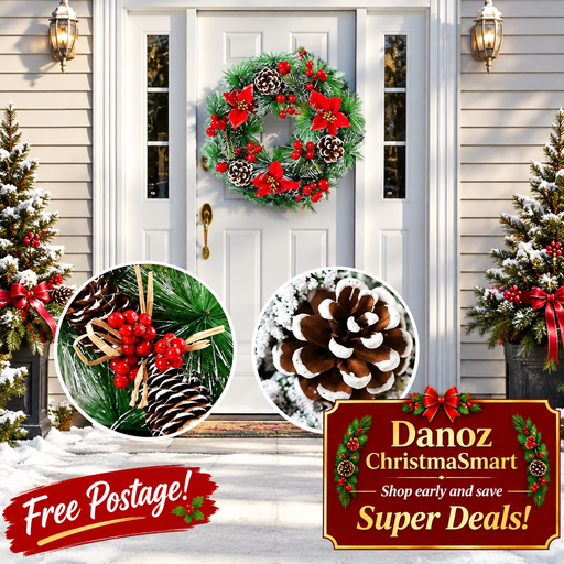 Frosted wreath doorway with two detail insets and Free Postage bottom left