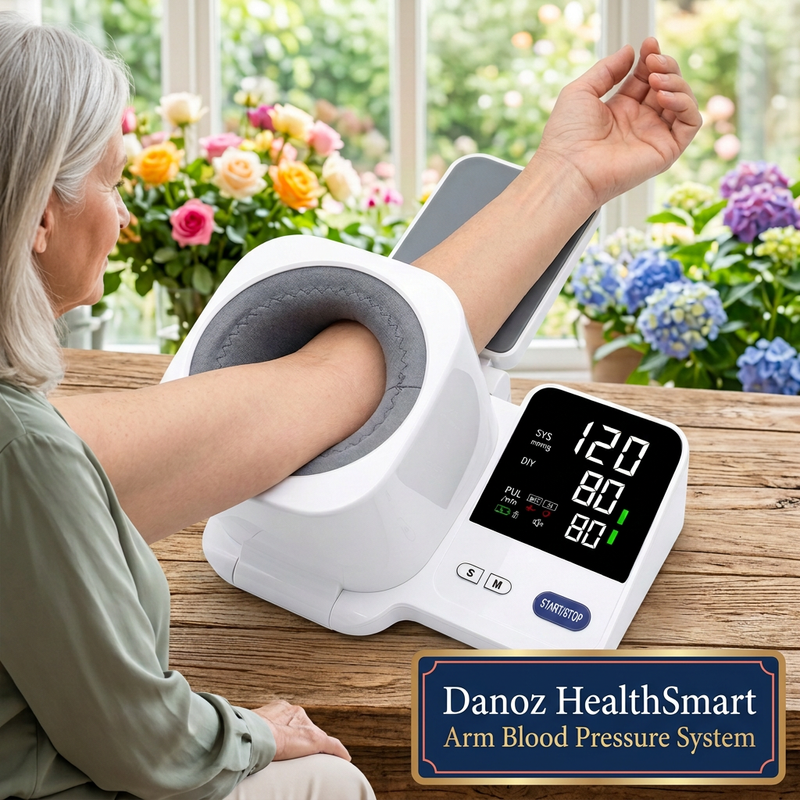 Older woman using integrated arm monitor with large Danoz HealthSmart Arm Blood Pressure System badge