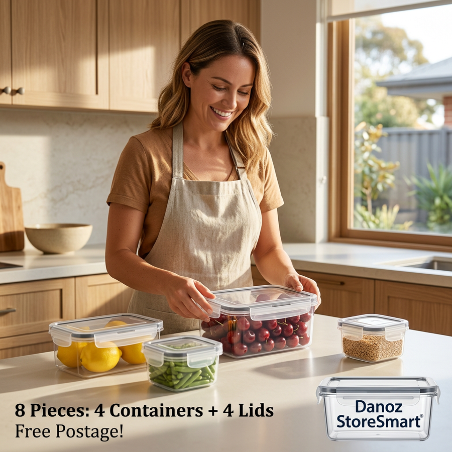 Woman using four StoreSmart containers with locking lids