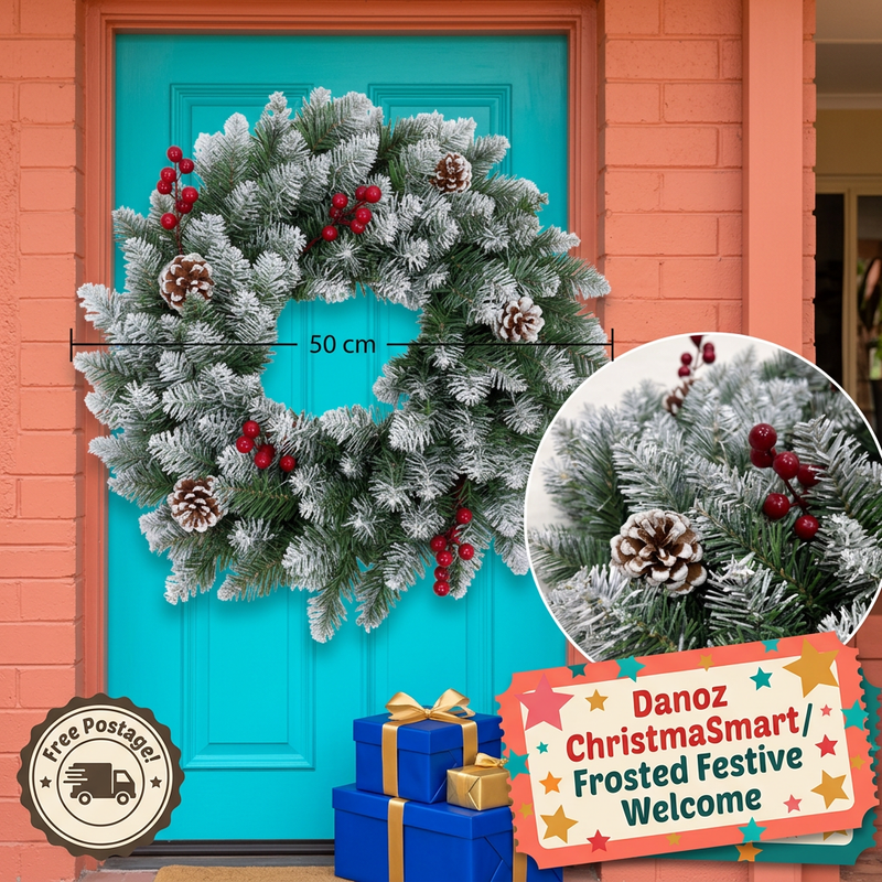 Danoz ChristmaSmart frosted wreath festive entryway
