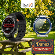 Black IMIKI D2 smartwatch and blue C1 frame in sunny garden