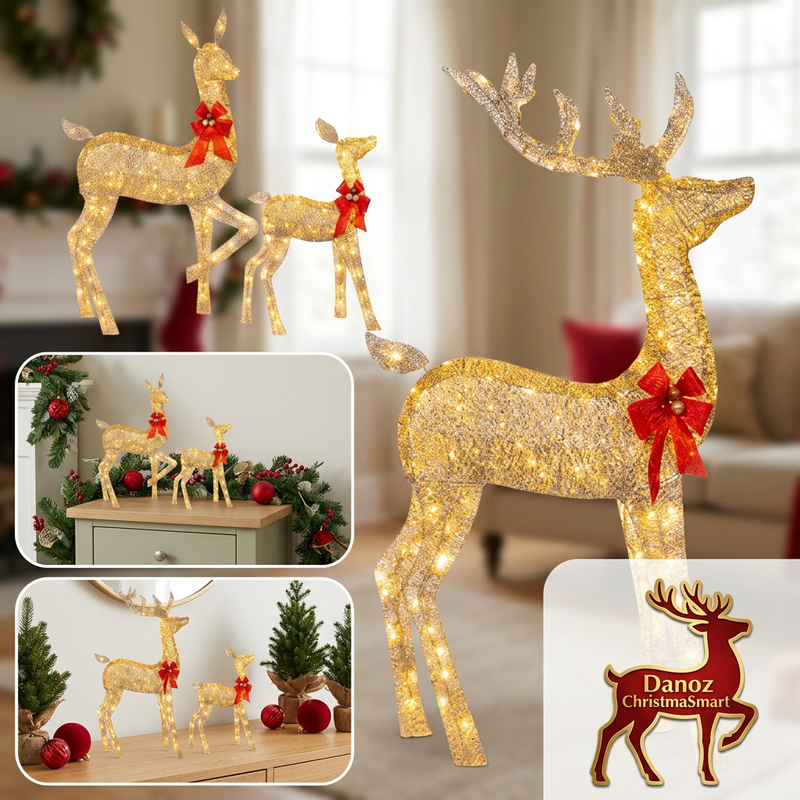 Gold acrylic Christmas deer details and display examples
