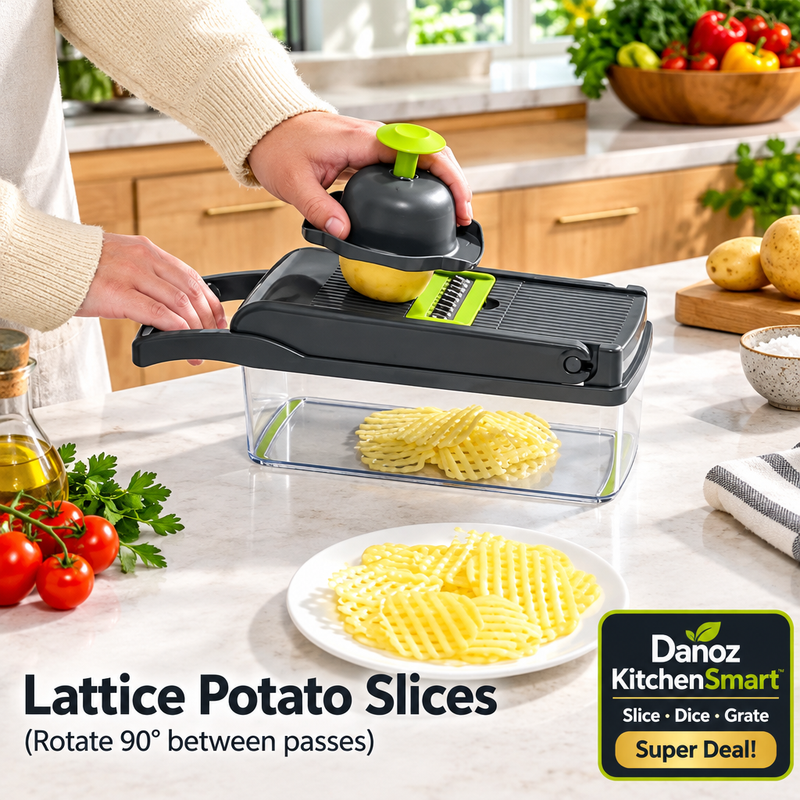 KitchenSmart lattice potato slicing with hand guard