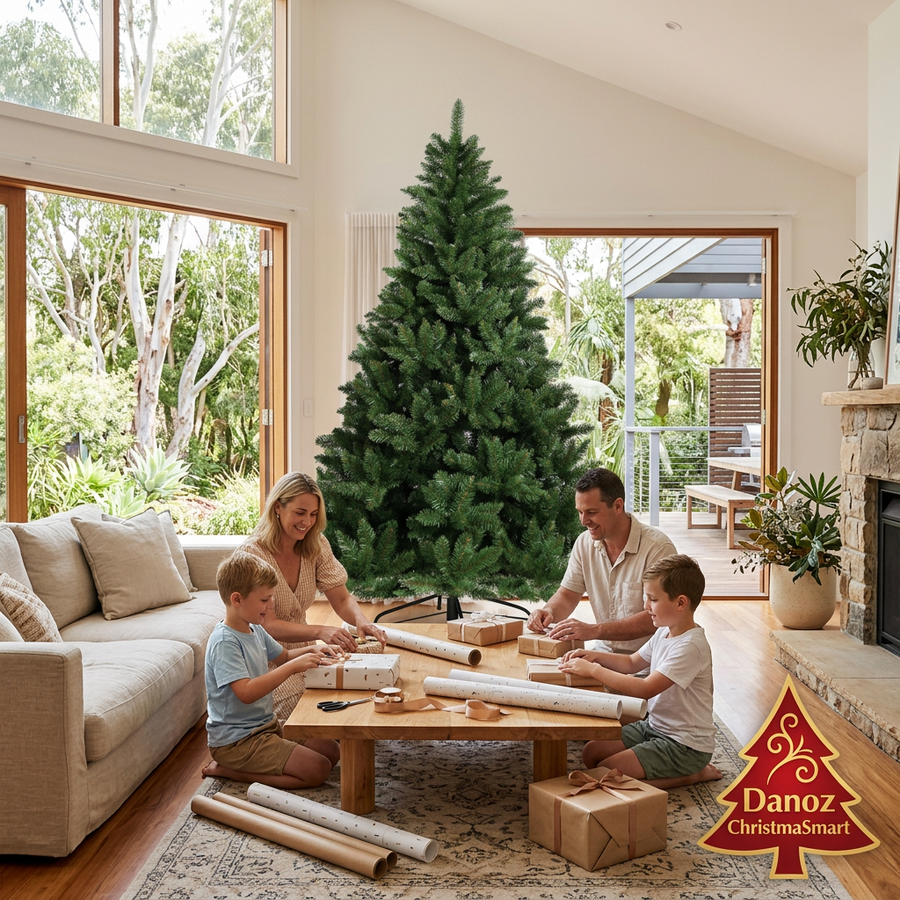 Jingle Jollys unlit green 2.4m tree with parents and children wrapping gifts