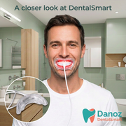 Man using the wired DentalSmart LED mouthpiece with product detail inset