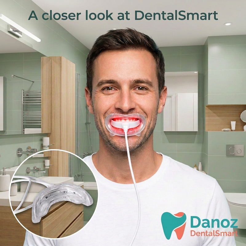 Man using the wired DentalSmart LED mouthpiece with product detail inset