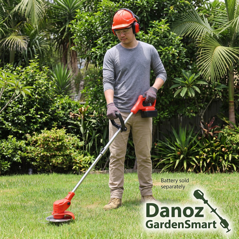Adult gardener using red GardenSmart trimmer with eye and hearing protection, gloves and boots