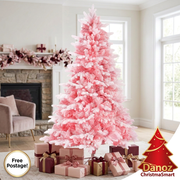 Pink snow-flocked Christmas tree in living room with Free Postage badge