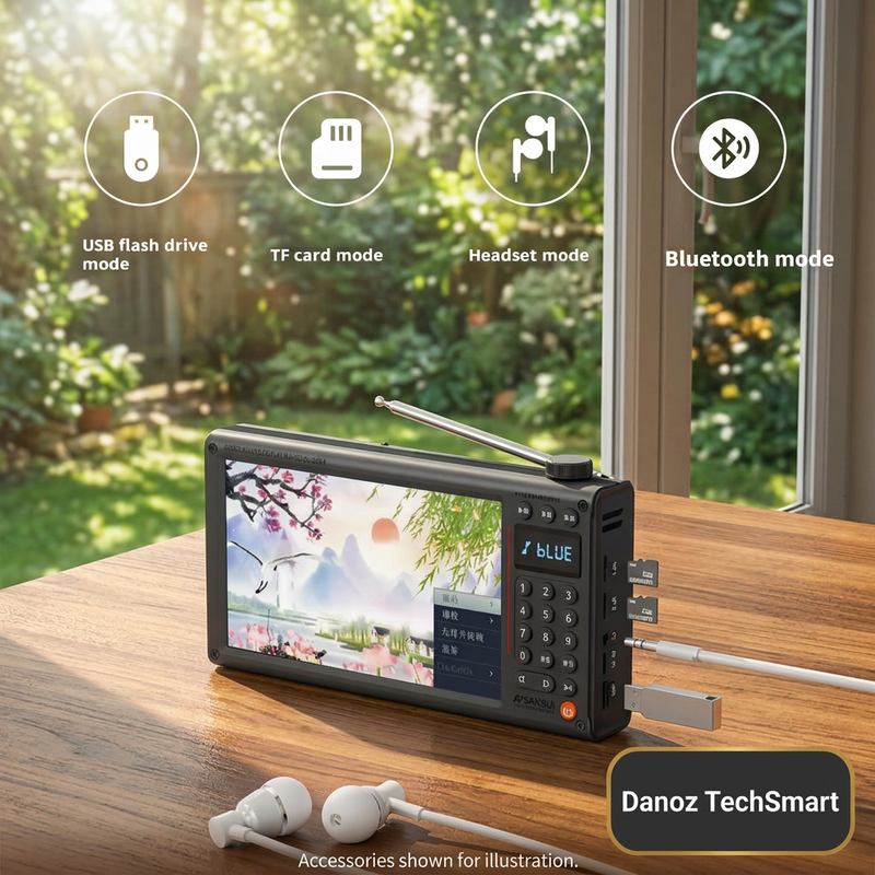Sansui multimedia connections on sunny home desk; accessories illustrated