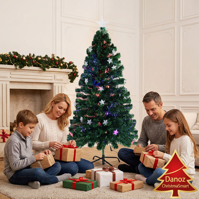 Family opening presents beside compact green fibre optic LED Christmas tree