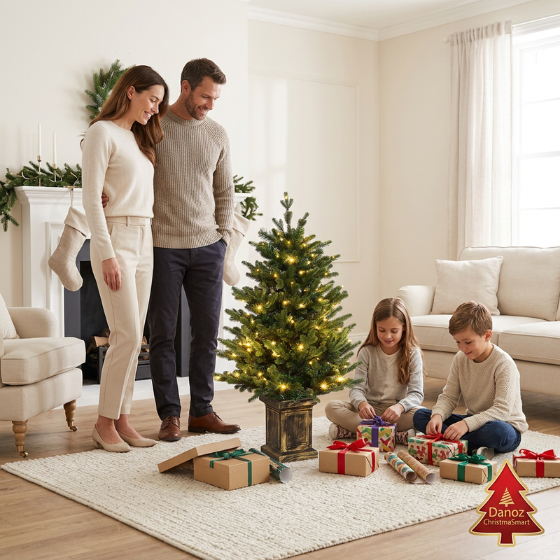 Parents and children wrapping gifts beside the potted tree