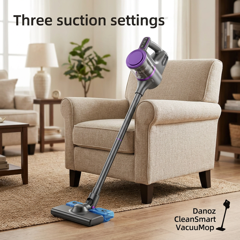 Danoz CleanSmart cordless vacuum with three suction settings beside a living room armchair