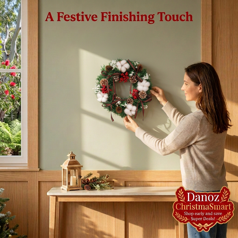 Woman arranging a ChristmaSmart Christmas wreath above a console in a sunny living room