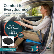 Danoz SeatSmart blue gel cushion with woman seated inside car holding steering wheel, Buy 1 Get 1 Free, two free black covers, Free Postage and smaller Danoz logo