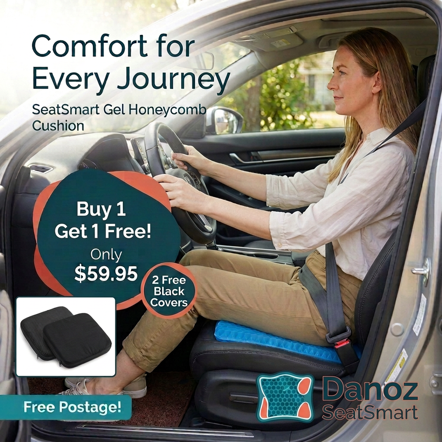 Danoz SeatSmart blue gel cushion with woman seated inside car holding steering wheel, Buy 1 Get 1 Free, two free black covers, Free Postage and smaller Danoz logo