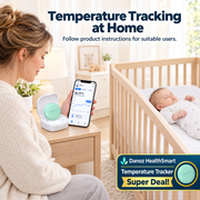 HealthSmart baby-care home scene with caregiver and thermometer outside crib