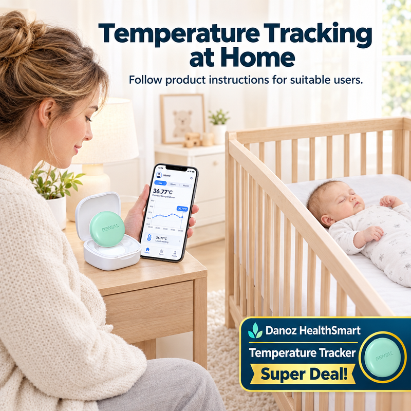 HealthSmart baby-care home scene with caregiver and thermometer outside crib
