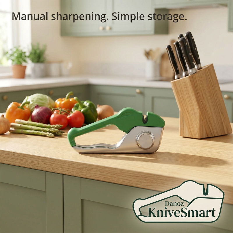 KniveSmart compact manual sharpener in profile beside vegetables and a knife block