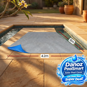 Danoz PoolSmart 8 × 4.2 m solar pool cover dimensions with blue badge