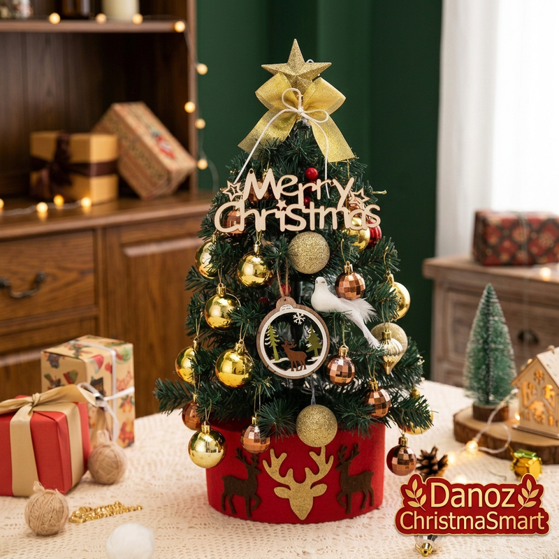 Gold-decorated tabletop Christmas tree without people