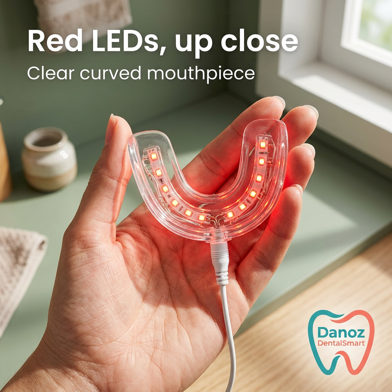 Close-up of clear U-shaped DentalSmart mouthpiece and red LEDs