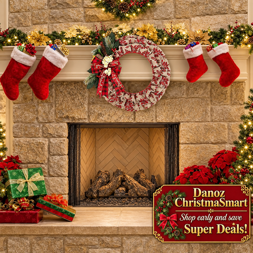 Faux linen wreath in a festive fireplace room